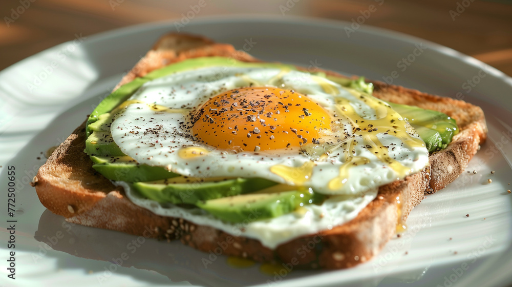 sunny side baked egg on an avocado toast