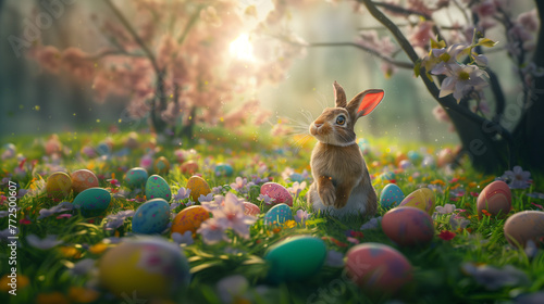easter bunny and easter eggs in a spring landscape place for text