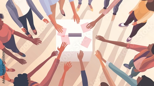 People standing in circle, casting their votes into the ballot box. Referendum or election concept illustration. 