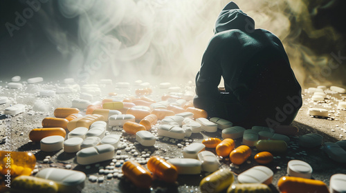 Drog addiction with a little man between giant drug pills capsulas  and medicines photo