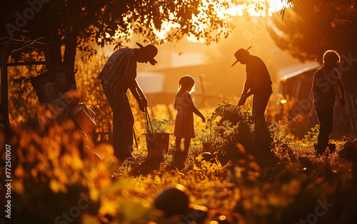Happy family with children gardening in the backyard, taking care of plants and harvesting vegetables at sunset in backlight