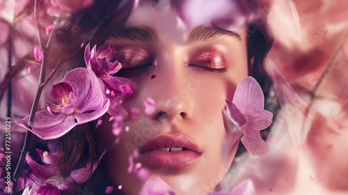 Face of a young beautiful woman covered by pink or purple flowers 