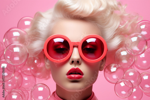 A model with a pink curly wig and large round sunglasses