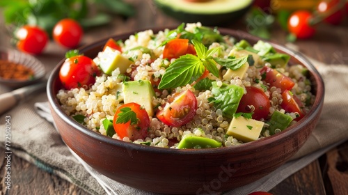 A bowl of quinoa salad with avocado and cherry tomatoes