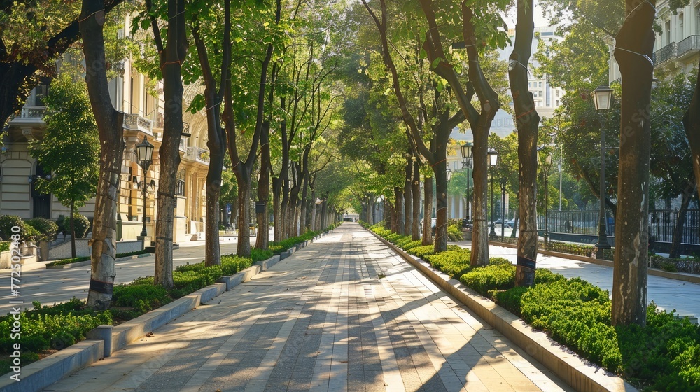 A city street lined with newly planted trees