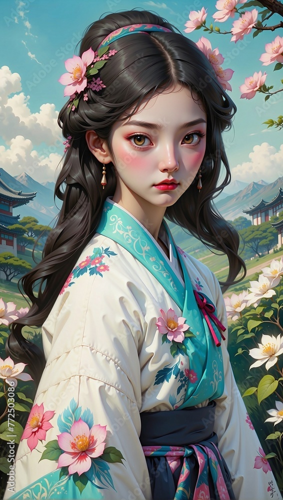 Beautiful asian woman wearing traditional kimono. The backdrop includes an ancient temple and sakura blossom trees in full bloom Beautiful asian woman wearing traditional kimono. The backdrop includes an ancient temple and sakura blossom trees in full bloom