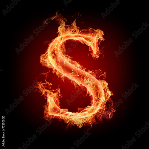 Letter S made of fire flames with sparks isolated on black background