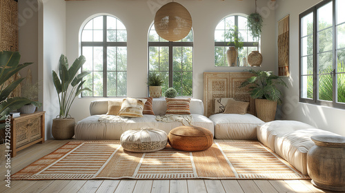 A boho-chic living room with a mix of global influences, showcasing Moroccan poufs, Indian block-printed textiles, and African mud cloth pillows, combined with natural materials li