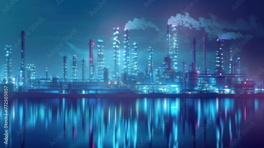 Oil refinery factory at night. Chemical warehouse with pipes and chimneys. Concept of pollution and gas prices.