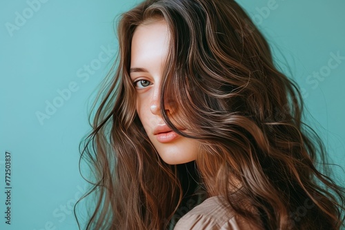 Woman showcasing long, flowing hair extensions with a natural, beachy wave, A woman displaying natural, beachy waves with her long, flowing hair extensions.
