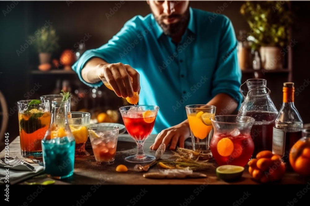 A man is standing in a bar, pouring a liquid from a bottle into a glass. Young bartender on the workplace. Shelves with bottles of alcohol in the background A man is standing in a bar, pouring a liquid from a bottle into a glass. Young bartender on the workplace. Shelves with bottles of alcohol in the background