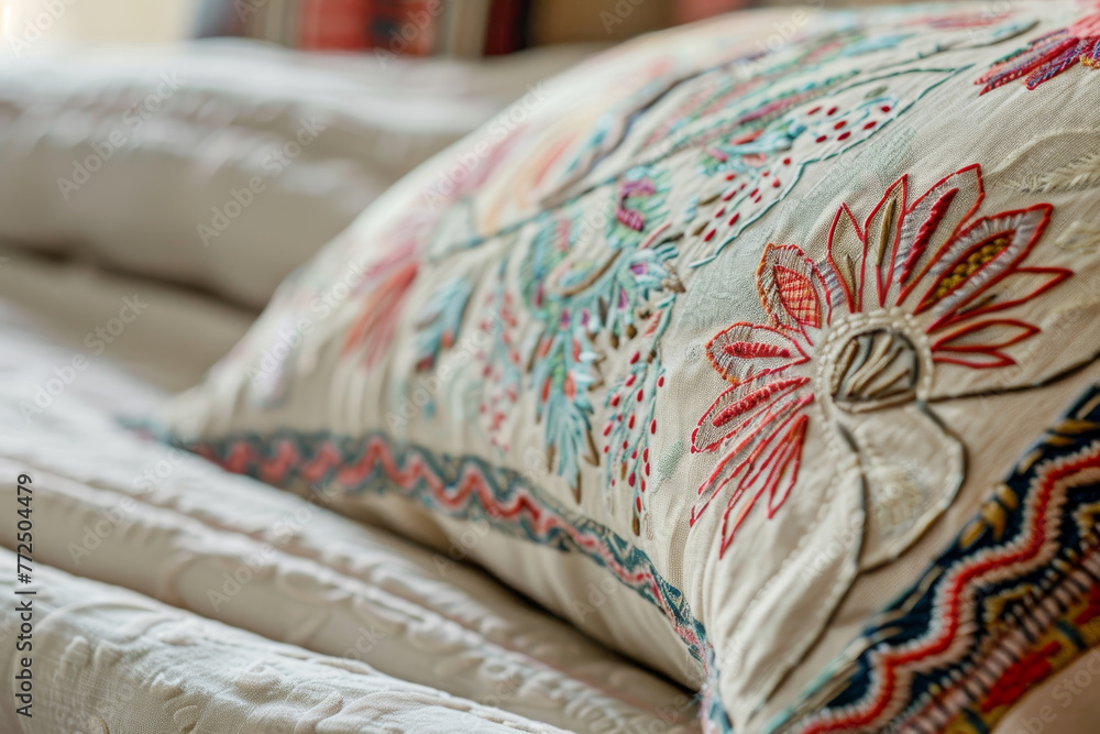 A pillow with a floral design is on a bed