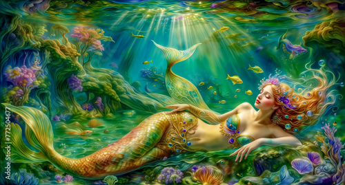 beautiful fantasy mermaid queen. mermaid fantasy wallpapers. beautiful fantasy art portrait. mythology being in underwater scene, vintage © Viks_jin