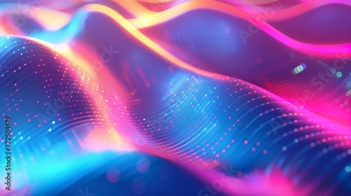 Futuristic Abstract Neon Wave Background with Glowing Digital Pink and Blue Light Lines 3D Fluid Curves and Particles