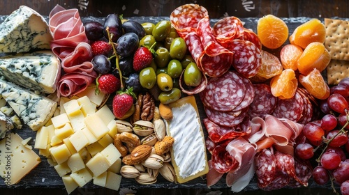 Artisanal cheese and charcuterie board with nuts and fruits