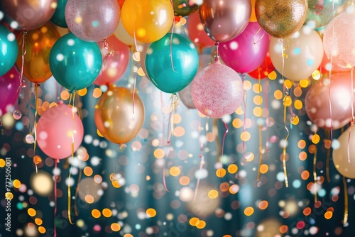 Celebration background with festive balloons and confetti decorations and joyful atmosphere, Festive backdrop adorned with cheerful decorations and a joyful ambiance.