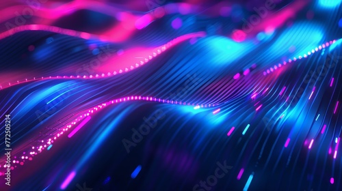 Futuristic Abstract Neon Wave Background with Glowing Pink and Blue Light Streaks 3D Fluid Lines and Digital Particles