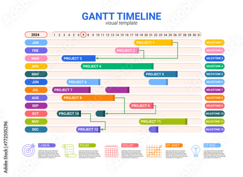 Color Timeline Gantt Chart Infographic Template Schedule Concept for Business. Vector illustration of Calendar Planner Design