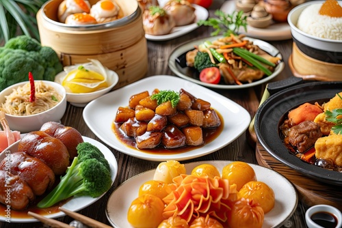 Chinese food presentation with traditional and modern dishes, A captivating display of Chinese cuisine featuring a blend of traditional favorites and contemporary creations.