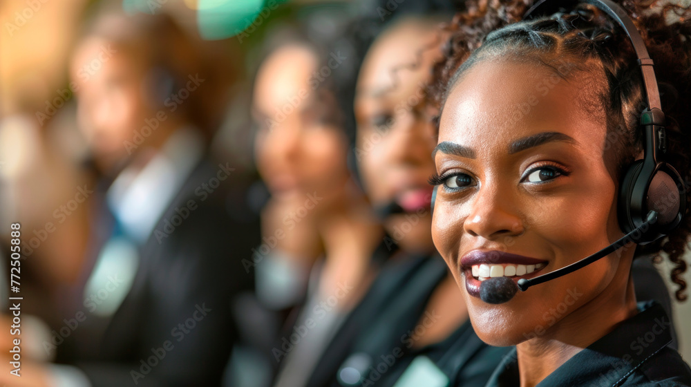 Portrait of a smiling young African American woman in a call center. Portrait of a smiling young African American woman in a call center.