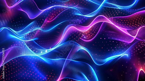 Futuristic Abstract Neon Wave Background with Glowing Pink and Blue Light Streaks 3D Fluid Lines and Dynamic Digital Particles