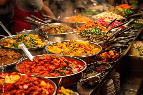 Colorful Indian food display featuring a variety of regional delicacies  A vibrant array of Indian cuisine showcasing a diverse selection of regional delicacies.