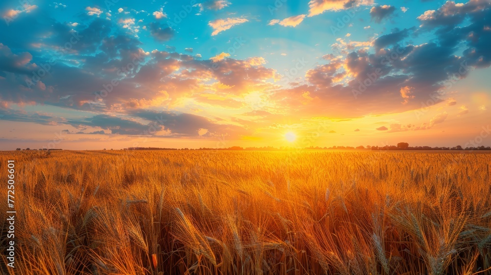 Sun Setting Over Wheat Field