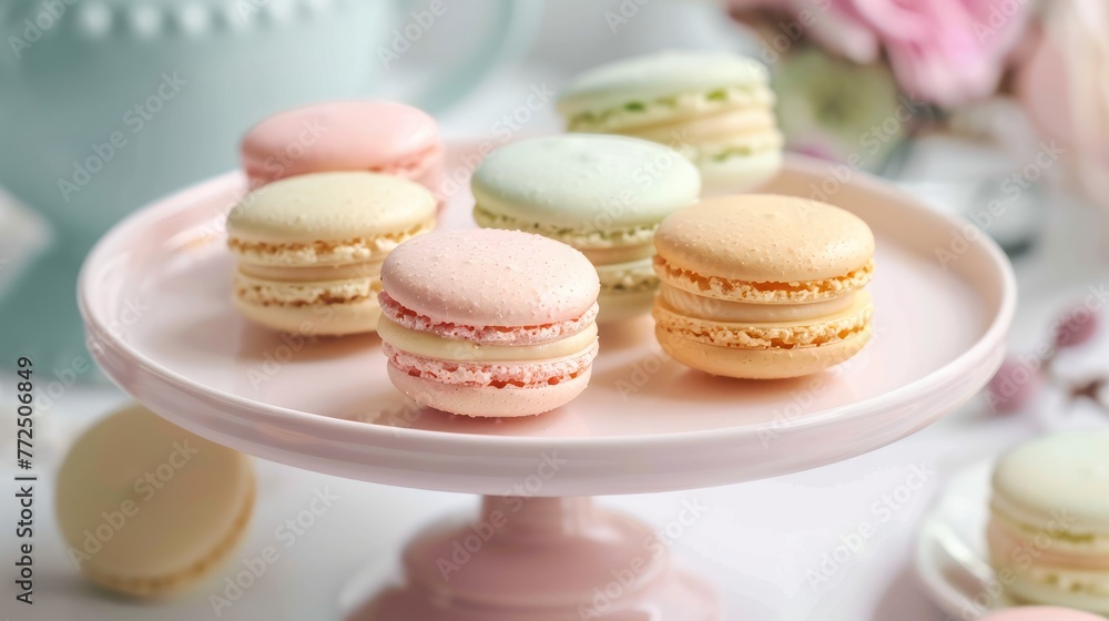 Delicate French macarons in pastel colors