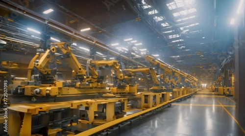 3D render of a robotic automatic conveyor line with robotic arms that perform welding work in an electric vehicle factory photo