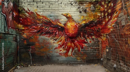 Graffiti art of a phoenix rising from ashes in an alleyway