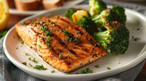 Grilled salmon with a side of steamed broccoli photo
