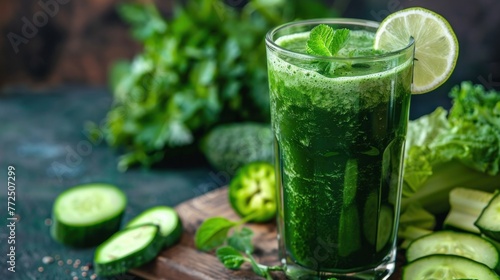 Green vegetable juice in a tall glass