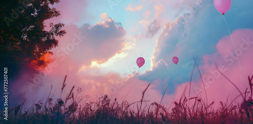 Creative landscape in nature with flying pink balloons in front of pink clouds. #772507401
