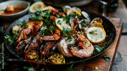 Grilled seafood platter with lemon and herbs photo