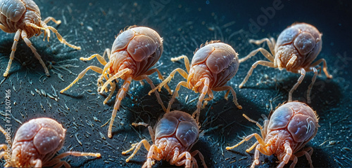 Extreme close-up of a mite sitting on organic tissue and dust - ai generated photo