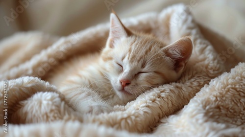 Small Kitten Sleeping on Blanket on Bed © homeganko