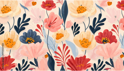 カラフルなヴィンテージフラワーアートのシームレスなパターンイラスト。有機的な手描きの花の庭の背景にサイケデリックなスタイルの自然のコラージュ。抽象的なレトロな花のトレンディな春のプリント。