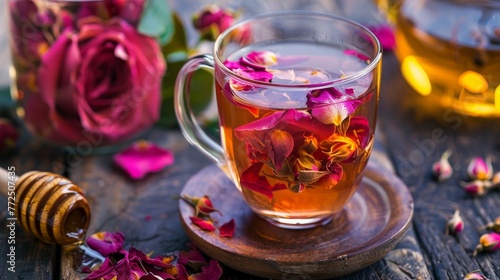 Herbal tea with rose petals and honey photo