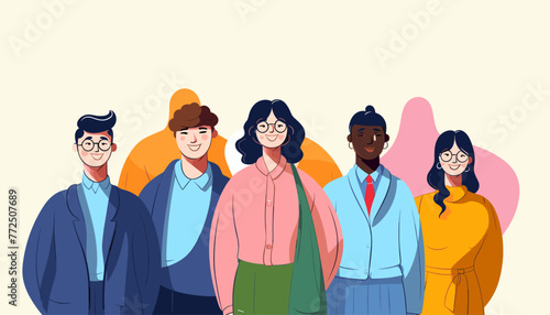 多様なカラフルな人々の群衆のキャラクターセット。現代の若者のグループコレクション。さまざまな多色の人のチーム、ビジネススタッフ、または学生コミュニティが一緒に。 photo