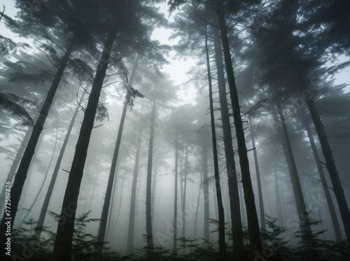 Beautiful landscape of a magical mystical forest  fog in a wild forest with tall pine trees  in the misty and creepy forest