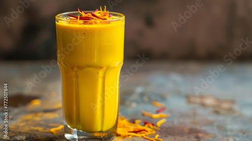 Mango lassi in a tall glass with saffron photo