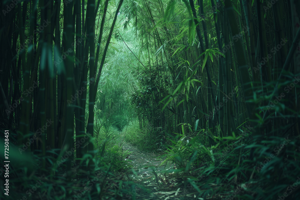 A forest of tall green bamboo trees with sunlight shining through the leaves