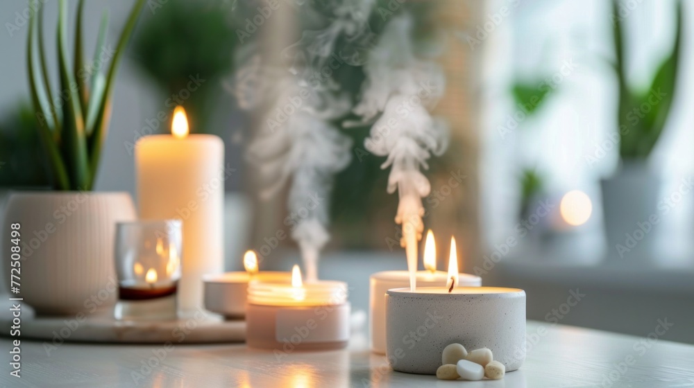 Scented candles and essential oil diffusers creating a peaceful aroma