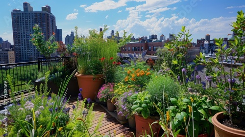 Rooftop gardens with a variety of plants and flowers