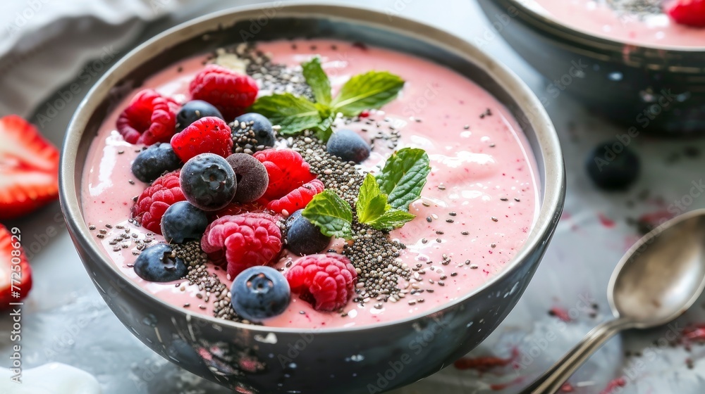Smoothie bowls topped with chia seeds and fresh berries Smoothie bowls topped with chia seeds and fresh berries