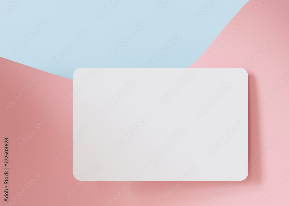 Clean white business card mockup on pastel pink and blue background, perfect for a fresh and modern brand representation. European size, 3,25 x 2,17 inch. Visiting, name card. Rounded corners. 3D.