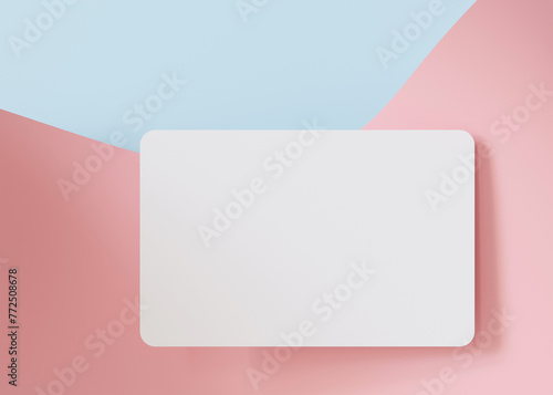 Clean white business card mockup on pastel pink and blue background, perfect for a fresh and modern brand representation. European size, 3,25 x 2,17 inch. Visiting, name card. Rounded corners. 3D.