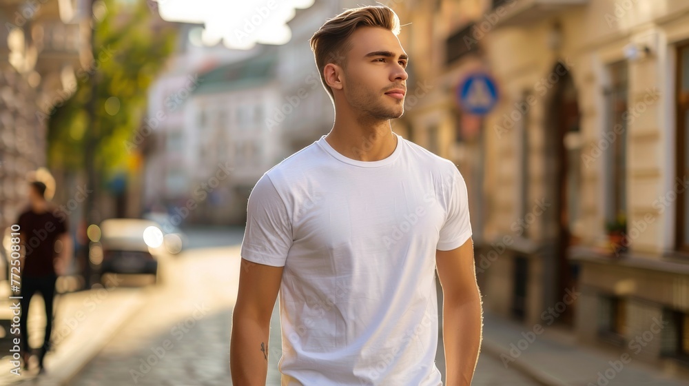 Fototapeta premium male Model Shirt Mockup, man walking down the street wearing white t-shirt 