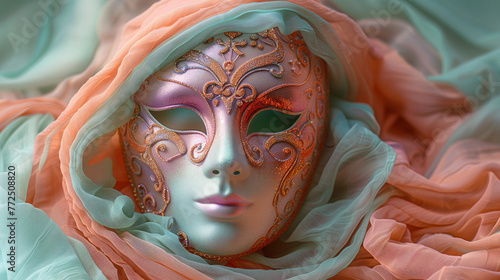 Elegant Venetian mask wrapped in soft, pastel-colored fabrics, depicting mystery and carnival themes. photo