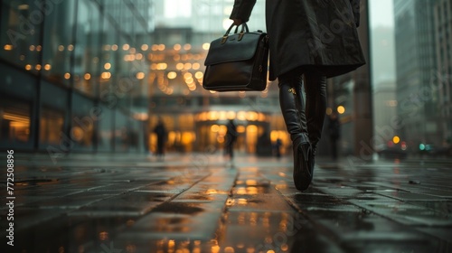 business woman walking with work briefcase in a city, with motion blur 